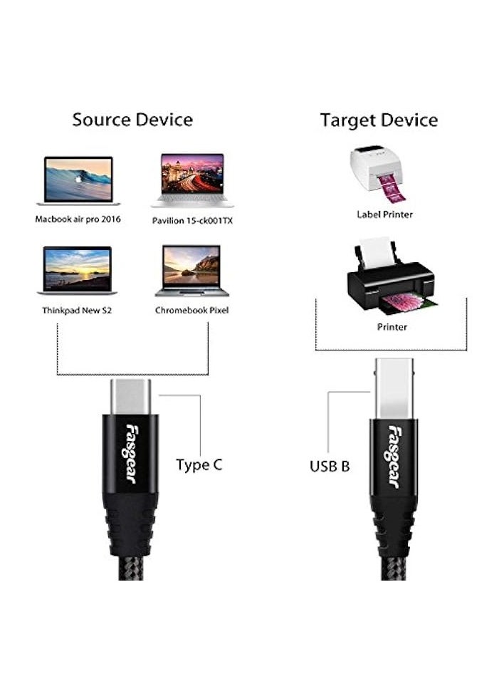 فاسجير كابل من النوع C إلى USB B، حزمة واحدة من سلك ماسح ضوئي للطابعة مضفر من النايلون بطول 6 أقدام مع موصل معدني متوافق مع HP LaserJet وCanon وSamsung وBrother وXerox والطابعات الأخرى (أسود)  - Image 4