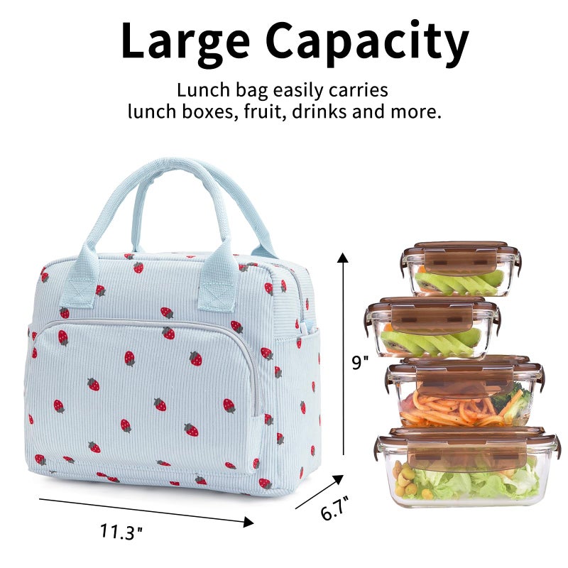 OYLOLA Lunch Bag Women Lunch Box for Women Adult Cute Insulated Lunch Bag Lager Cooler Lunch Tote Bags for Work Picnic (Blue-Strawberry) - Image 3