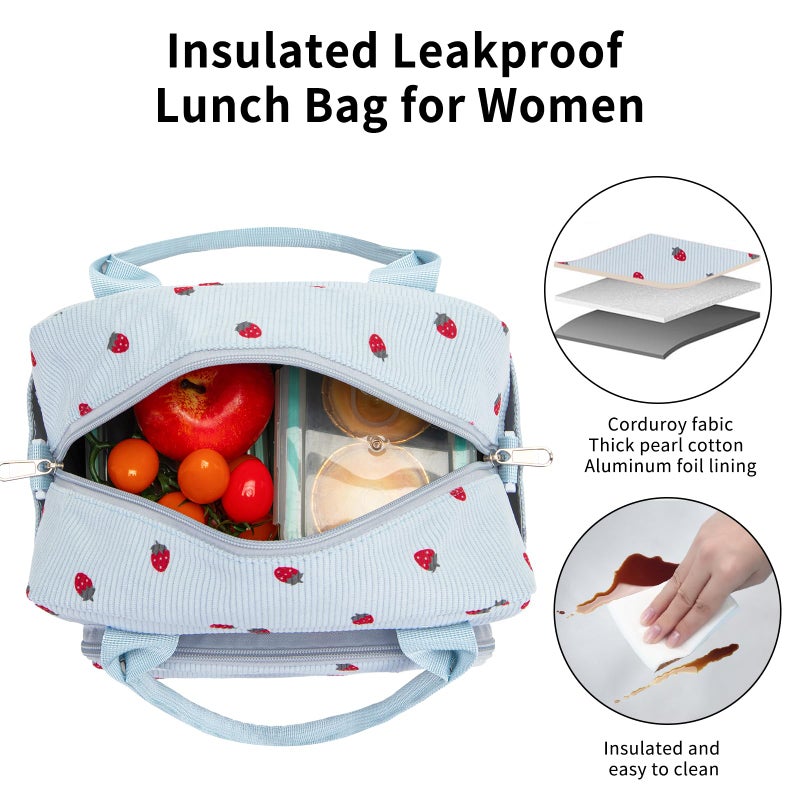 OYLOLA Lunch Bag Women Lunch Box for Women Adult Cute Insulated Lunch Bag Lager Cooler Lunch Tote Bags for Work Picnic (Blue-Strawberry) - Image 5
