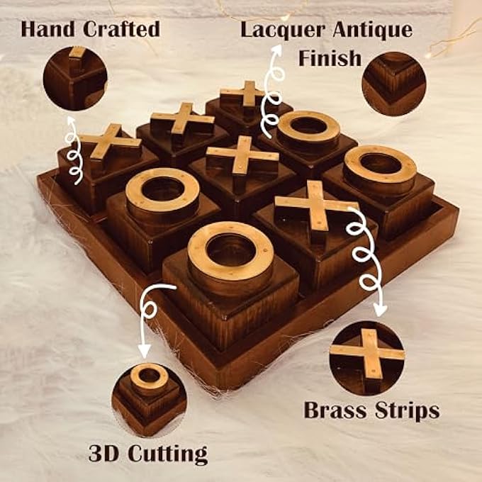 LABZIO Premium Wooden TicTacToe Board Game  Handcrafted Board with 9 Brass Symbols  Classic Indoor Outdoor Party Toy for Kids  Adults  Fun Entertainment  Coffee Table Home Decor Set - Image 5