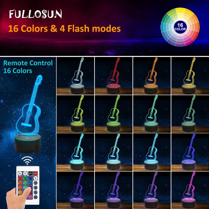 FULLOSUN 3D Night Light Guitar Gifts for Music Lover, 3D Illusion Lamp with Remote Control &16 Colors Changing Amazing Idea Choice for Musical Instrument Shop Home Party Supply Decoration Xmas - Image 2