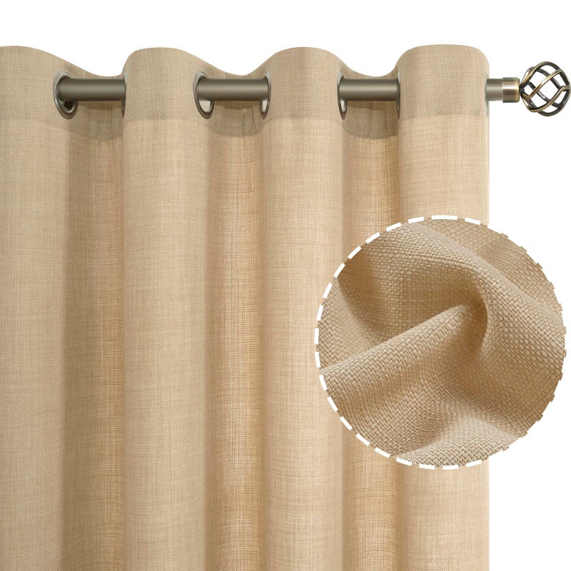 LAMIT Light Filtering Linen Curtains 63 Inch Length 2 Panels Set Grommet Thick Linen Bedroom Drapes Privacy Window Burlap Curtains for FarmhouseLiving Room 52 x 63 Inch Natural Tan