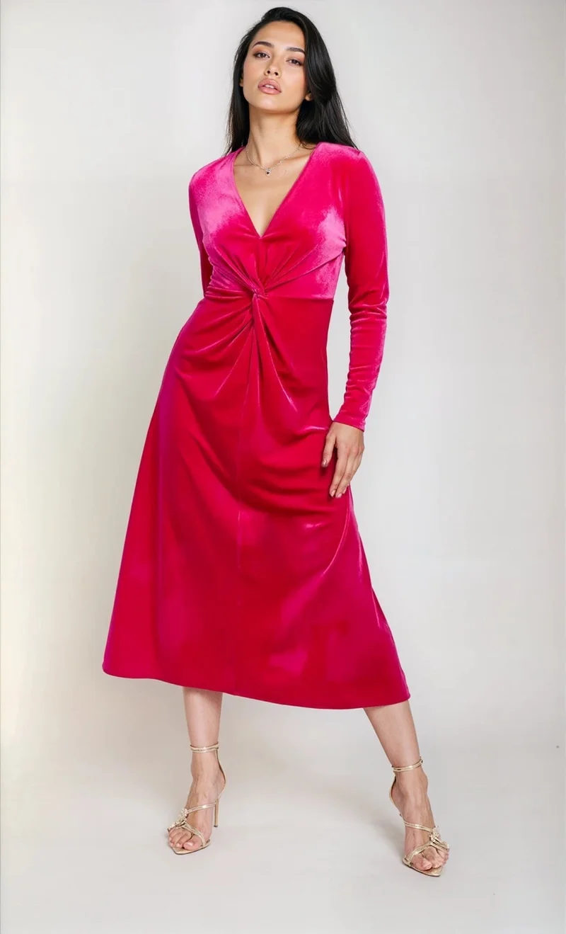 Pink Velvet Knot Detail Midaxi Dress
