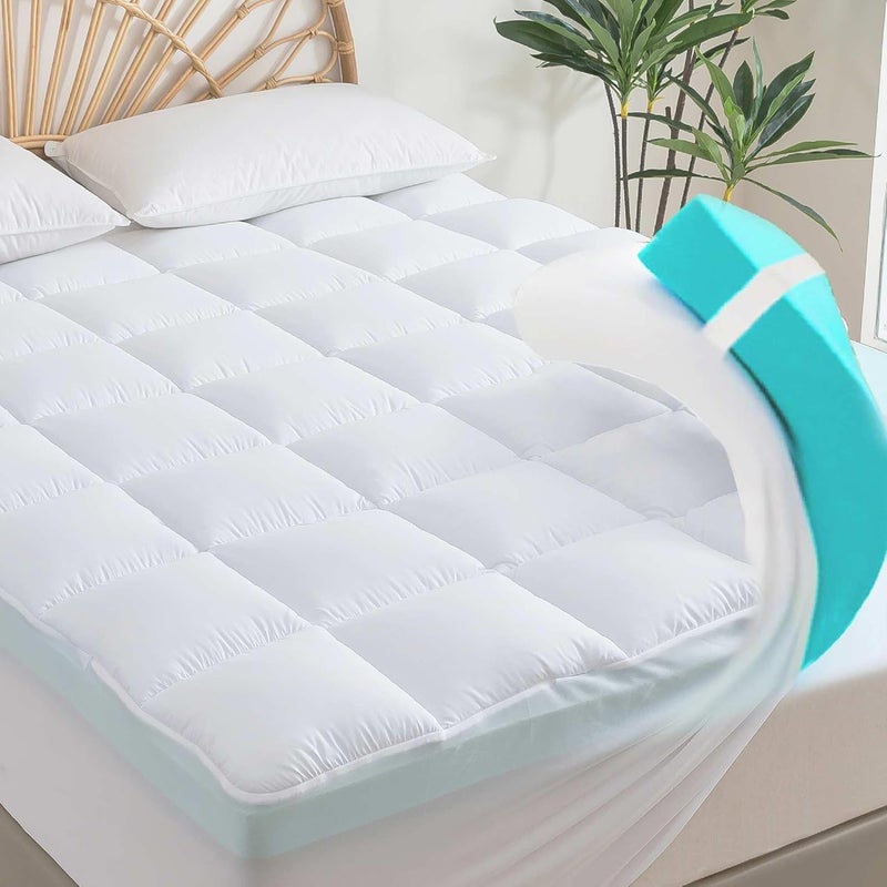 SHOUREN Memory Foam Mattress Topper King 2inch+2inch, Pressure-Relieving Bed Topper with Secure Strap Design for Back Pain, Soft and Supportive, Shredded Memory Foam - Image 1