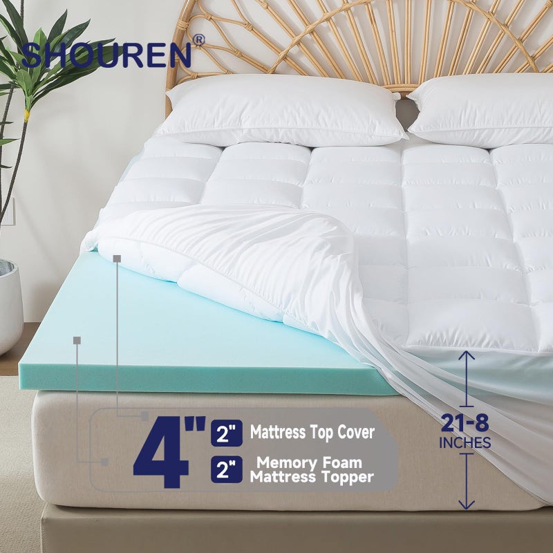 SHOUREN Memory Foam Mattress Topper King 2inch+2inch, Pressure-Relieving Bed Topper with Secure Strap Design for Back Pain, Soft and Supportive, Shredded Memory Foam - Image 2