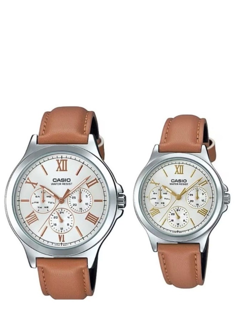 CASIO - Casio Analog Multifuntion Brown Leather Band Couple Set Watch MTP/LTP-V300L-7A2 - Image 1