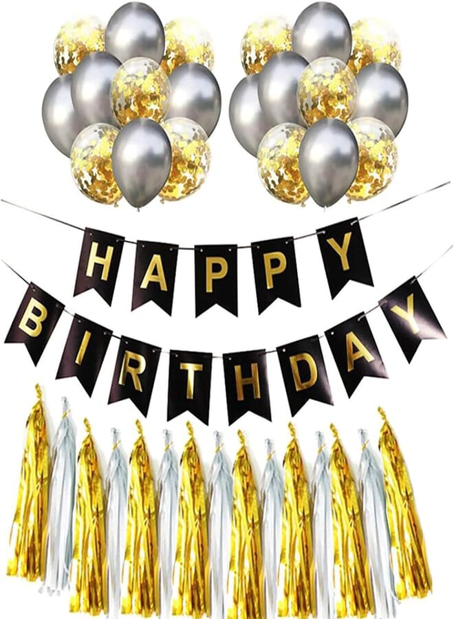 Secret Happy Birthday Banners Set, Black Swallowtail Gold Foil 13 Letters Birthday Banner with 2 Pcs Tassels Metallic Silver & Gold Confetti Latex Balloons Paper Card Birthday Decoration Set for Party
