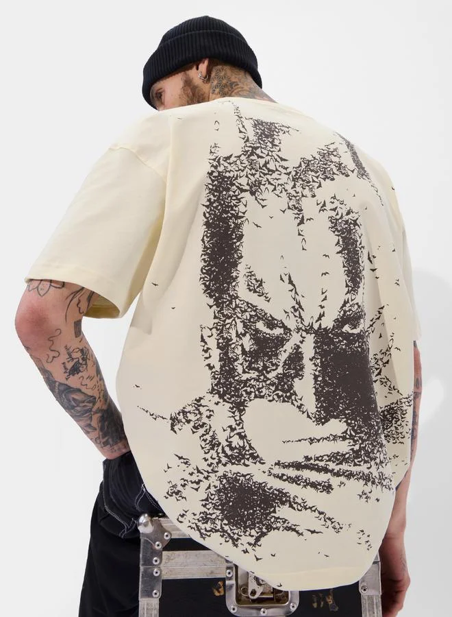 Men Off White Cotton Crew Neck Graphic Batman T-Shirt