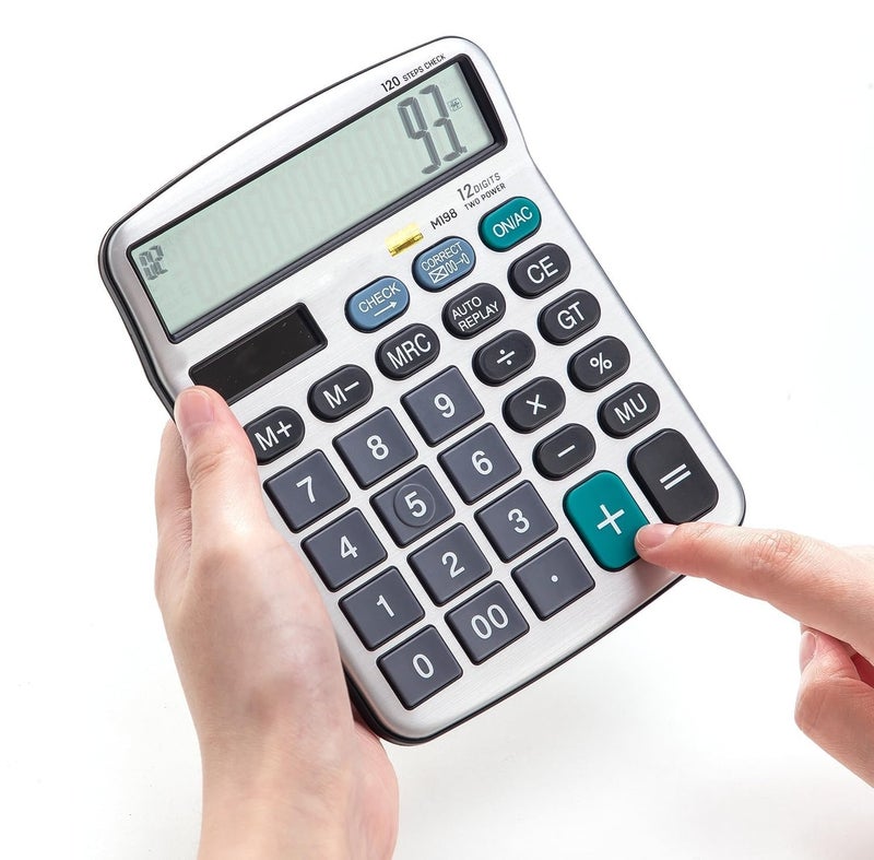 SOLDTRUE 12-Digit Desktop Calculator with Large Easy-to-Read LCD Display | Dual Power Solar & Battery | Business Office Financial Calculator with Memory & Check Function (1 Pcs.) - Image 1