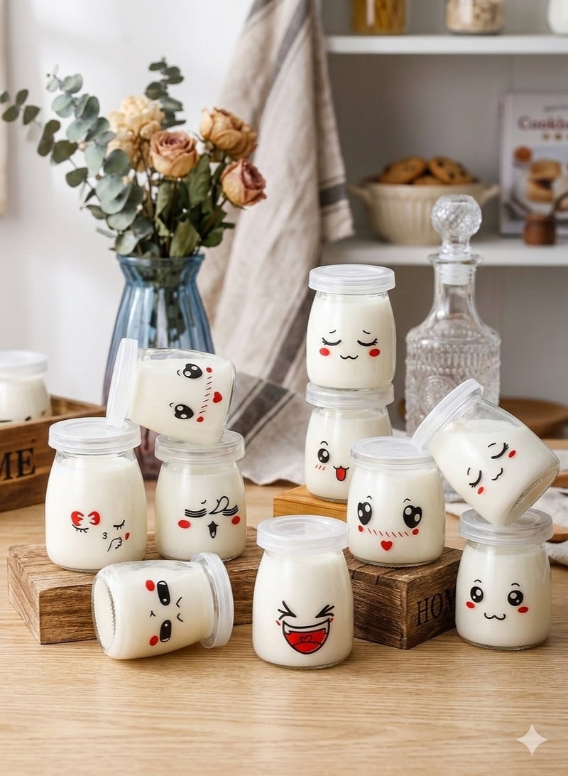 كوب زبادي زجاج  غطاء بلاستيك محكم الغلق  (عدد 10 اكواب)