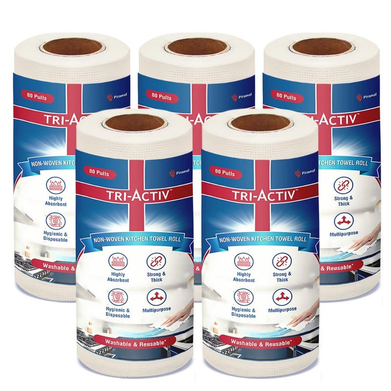 TRI-ACTIV Washable & Reusable Kitchen Towel Roll | 80 Pulls per Roll, 400 Sheets Pack of 5 | Highly Absorbent Kitchen Tissue Roll | Non Woven Fabric | Better alternative to Paper Tissue Roll | White - Image 1