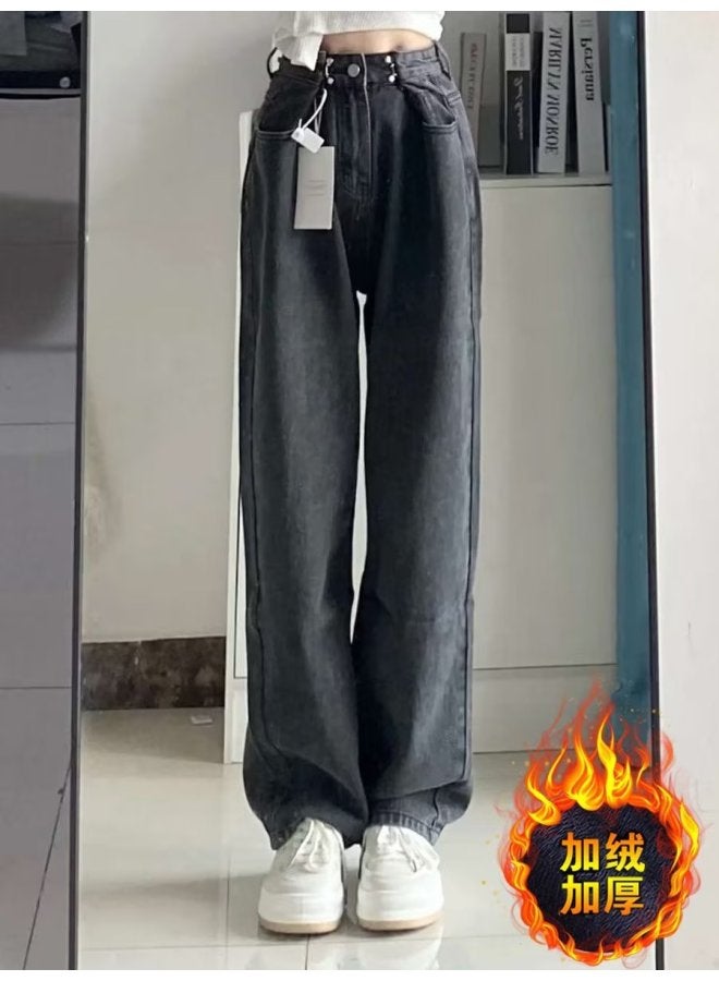 Private Brand جينز نسائي سميك مبطن بالفليس عالي الخصر بتصميم كوري عتيق فضفاض، بنطلونات طويلة عصرية ذات ساق مستقيم وساق واسعة - Image 1