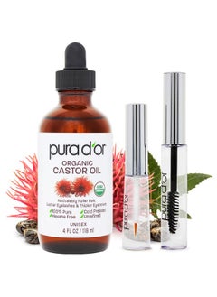 Pura d'or 4 Oz Organic Castor Oil - W/ 2 Bonus Empty Brushes - 100% Pure Usda Certified Cold Pressed, Hexane Free Eyelash & Eyebrow Serum - For Fuller, Thicker Lashes & Brows - Skin & Hair  - Image 1