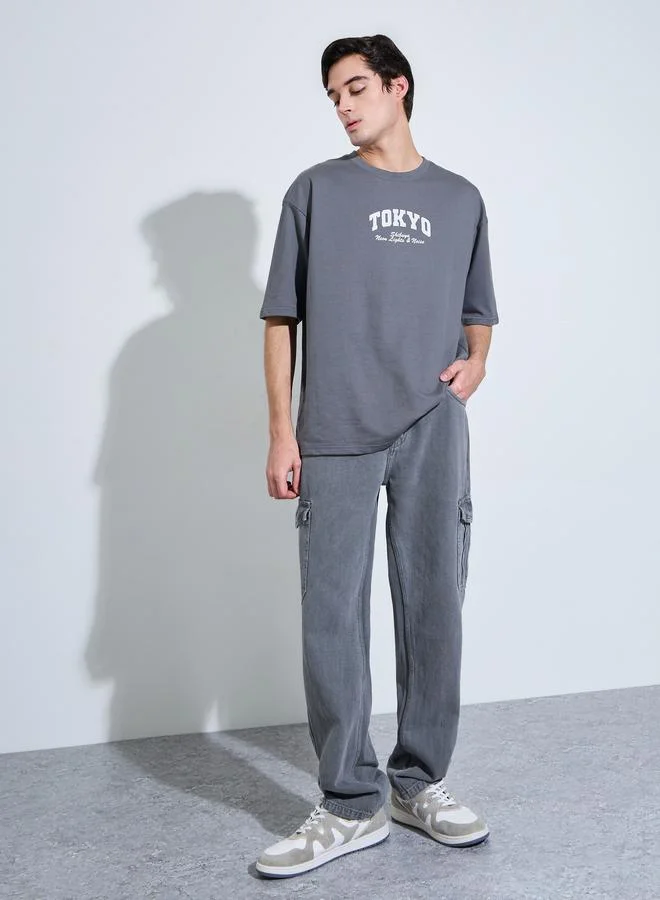 Styli Grey Graphic Print Crew Neck Oversized T-Shirt