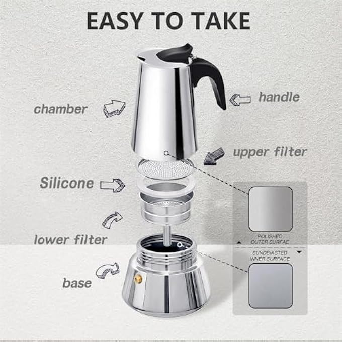 Azonee Stovetop Espresso Maker 6Cup300Ml Stainless Steel Classic Moka Coffee Pot With Coffee Percolator Design Italian Coffee Maker Suitable For Induction Cookers - Image 3