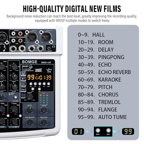 BOMGE 12 Channel Professional Audio Mixer Bluetooth Studio Mixer with USB 48V Power XLRRCA Inputs 99 DSP Effects For Professional and Beginners 12FW - Image 3