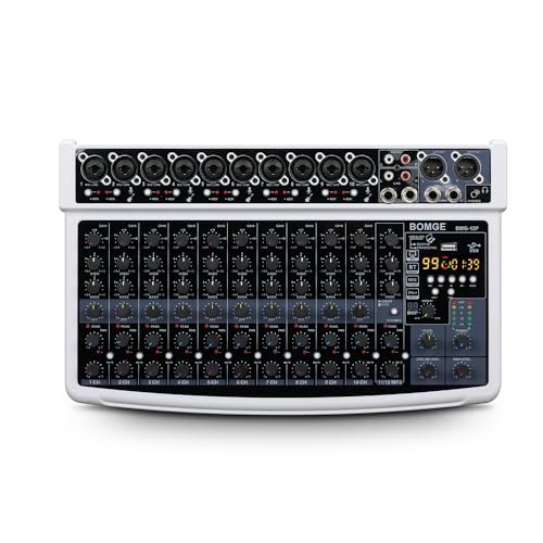 BOMGE 12 Channel Professional Audio Mixer Bluetooth Studio Mixer with USB 48V Power XLRRCA Inputs 99 DSP Effects For Professional and Beginners 12FW - Image 1