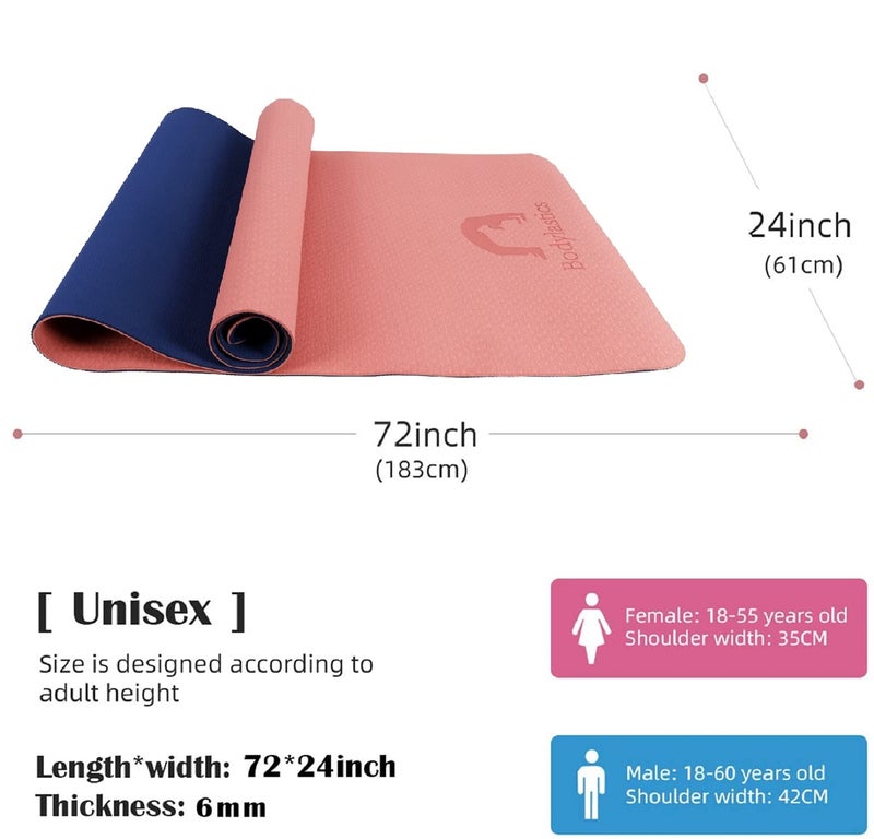 Bodylastics Yoga Mat for Men and Women with Carry Bag TPE 6ft x 2ft x 6mm Large Size Anti Slip & Anti Tear Workout Mat (Pink/Blue) - Image 4