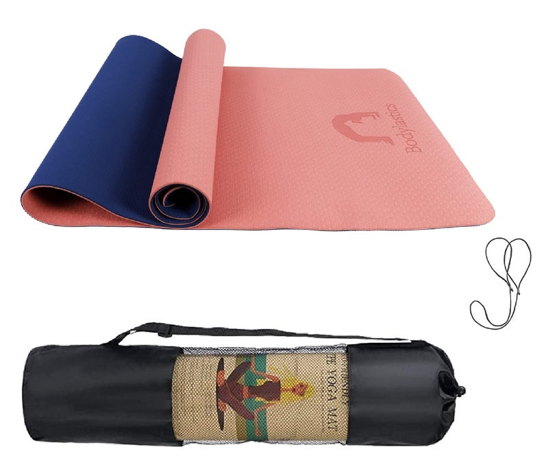 Bodylastics Yoga Mat for Men and Women with Carry Bag TPE 6ft x 2ft x 6mm Large Size Anti Slip & Anti Tear Workout Mat (Pink/Blue) - Image 1
