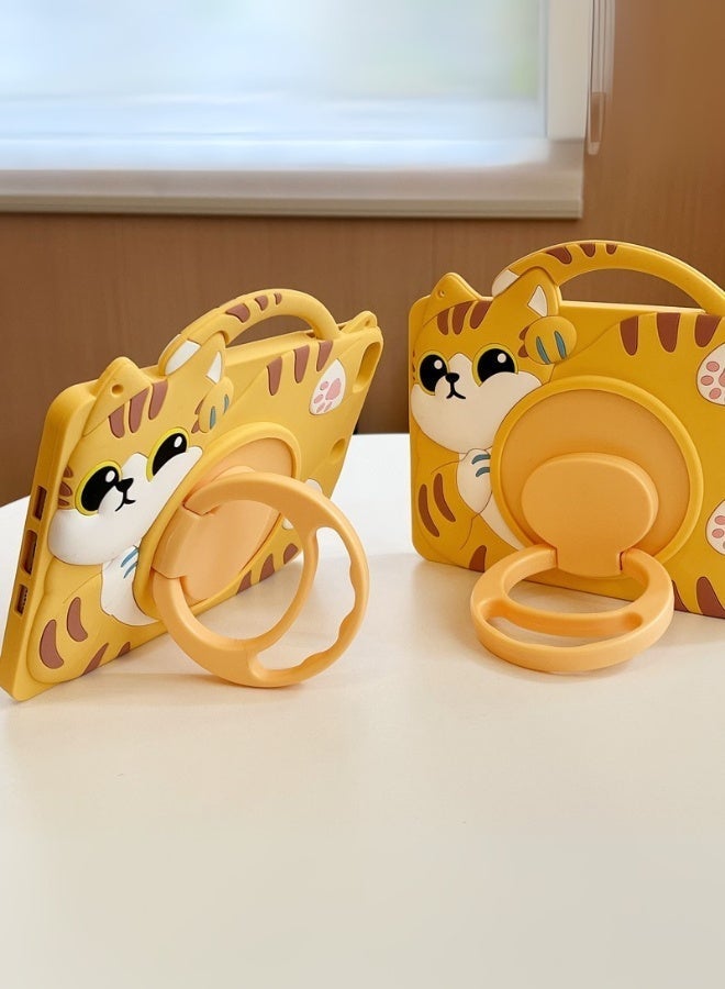 Redmi Pad Se 11 Inch Cover Fall-Resistant, Tablet Cover For Kids With Cute Cat Shape, Redmi Pad Se Cover With 3-In-1 Multi Grip (Handle/Stand/Pen Tray), Free School Bag Strap Anti-Glare Screen Protector Kids Stylus Designed For Children-Orange Yellow - Image 4