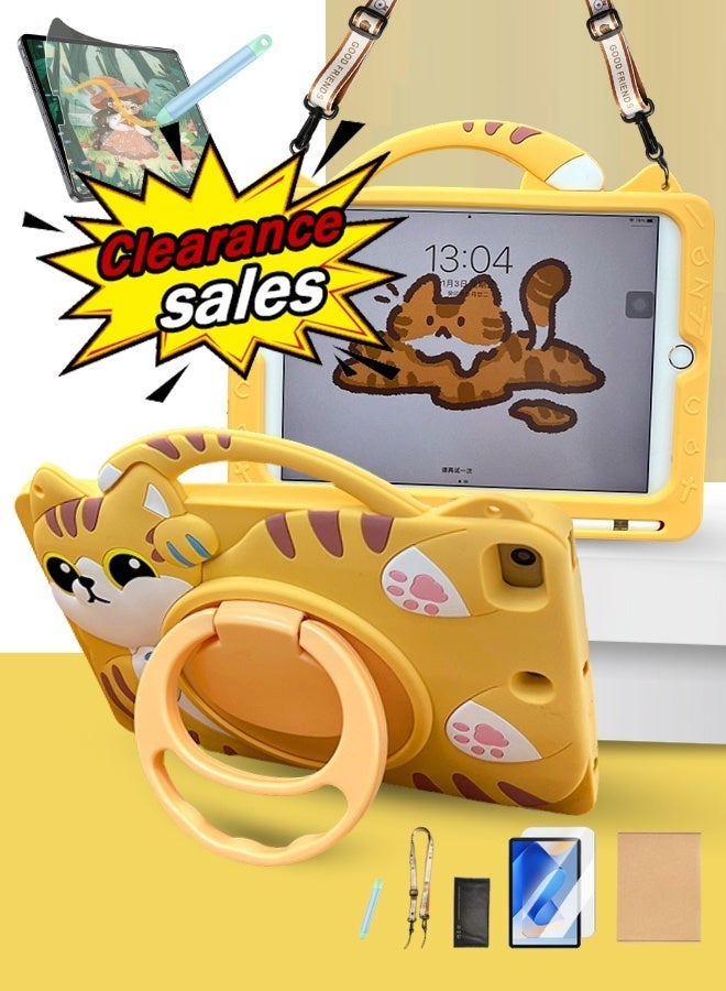 Redmi Pad Se 11 Inch Cover Fall-Resistant, Tablet Cover For Kids With Cute Cat Shape, Redmi Pad Se Cover With 3-In-1 Multi Grip (Handle/Stand/Pen Tray), Free School Bag Strap Anti-Glare Screen Protector Kids Stylus Designed For Children-Orange Yellow - Image 1