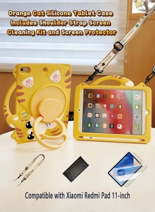 Case for Xiaomi Redmi Pad Se 11 Inch Cover Fall-Resistant, Tablet Cover For Kids With Cute Cat Shape, With 3-In-1 Multi Grip Handle/Stand/Pen Tray, Free School Bag Strap Anti-Glare Screen Protector Kids Stylus Designed For Children-Orange Yellow - Image 1