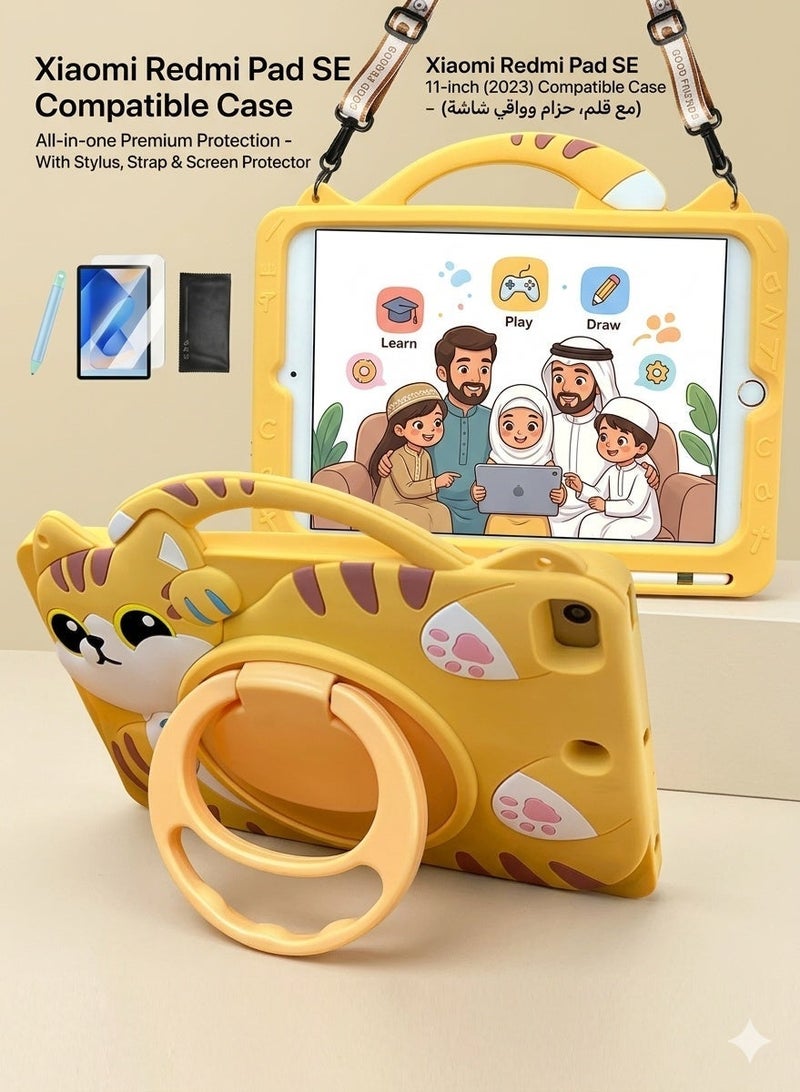 Kids Case for Xiaomi Redmi Pad SE 11-inch (2023) - Shockproof Cat Shape Silicone Cover with Strap & Stylus - Orange - Image 1