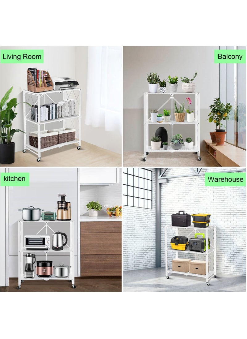 SKY-TOUCH - Foldable Storage Shelves 3 Tier Storage Shelves Kitchen Cabinet Storage Rack with Caster Wheels Multi-Shelf Foldable Storage Shelves for Living Room Bedroom Kitchen Garage Office White - Image 1