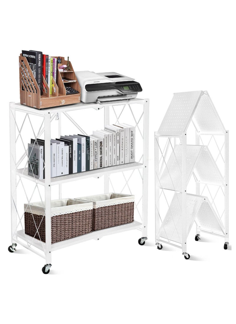 SKY-TOUCH - Foldable Storage Shelves 3 Tier Storage Shelves Kitchen Cabinet Storage Rack with Caster Wheels Multi-Shelf Foldable Storage Shelves for Living Room Bedroom Kitchen Garage Office White - Image 1