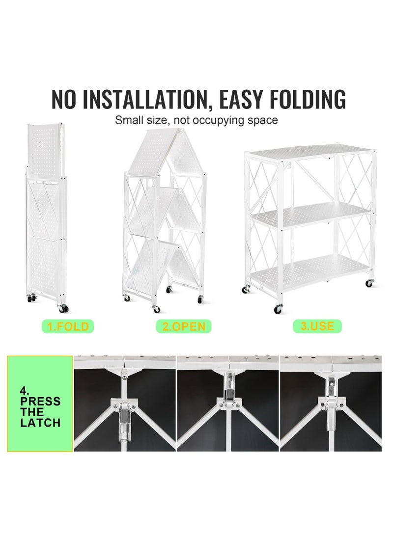 SKY-TOUCH - Foldable Storage Shelves 3 Tier Storage Shelves Kitchen Cabinet Storage Rack with Caster Wheels Multi-Shelf Foldable Storage Shelves for Living Room Bedroom Kitchen Garage Office White - Image 1