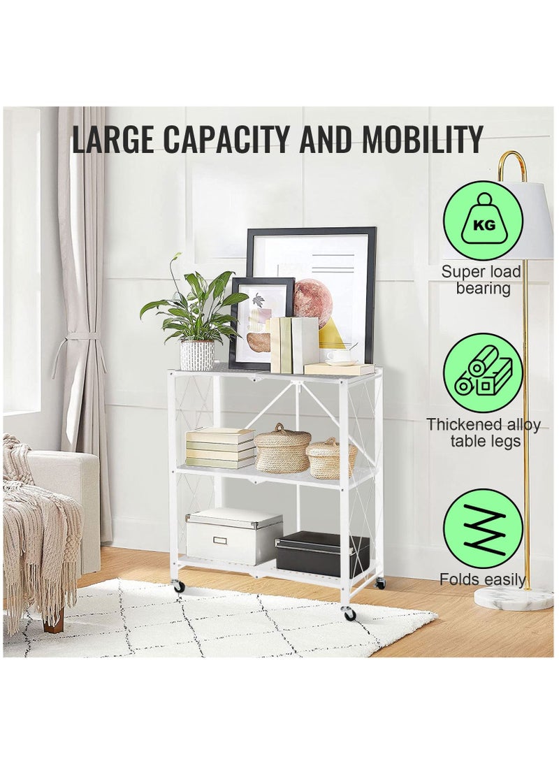SKY-TOUCH - Foldable Storage Shelves 3 Tier Storage Shelves Kitchen Cabinet Storage Rack with Caster Wheels Multi-Shelf Foldable Storage Shelves for Living Room Bedroom Kitchen Garage Office White - Image 1