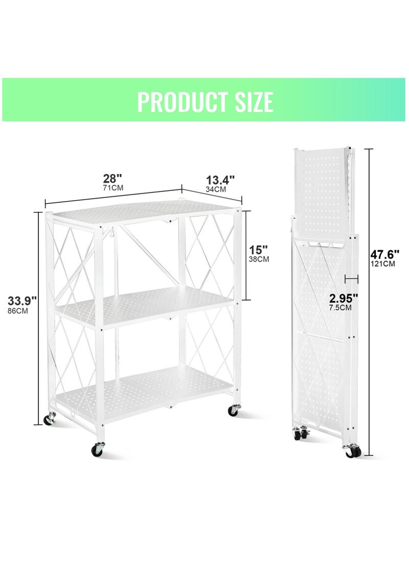 SKY-TOUCH - Foldable Storage Shelves 3 Tier Storage Shelves Kitchen Cabinet Storage Rack with Caster Wheels Multi-Shelf Foldable Storage Shelves for Living Room Bedroom Kitchen Garage Office White - Image 1