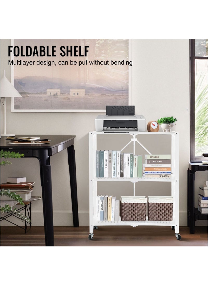 SKY-TOUCH - Foldable Storage Shelves 3 Tier Storage Shelves Kitchen Cabinet Storage Rack with Caster Wheels Multi-Shelf Foldable Storage Shelves for Living Room Bedroom Kitchen Garage Office White - Image 1