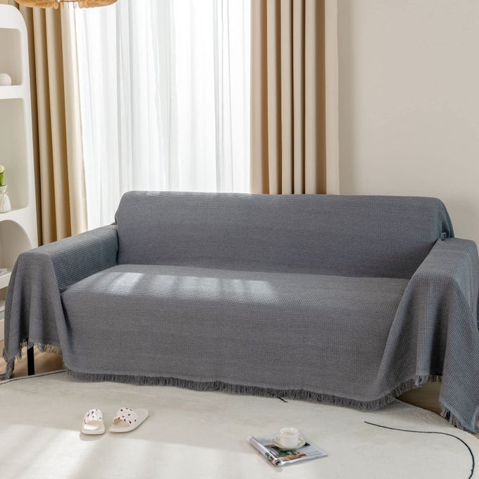 WAFFLE THROWS FOR SOFAS LARGE 2 OR 3 SEATER WOVEN SOFA THROW BLANKET WITH TASSELS REVERSIBLE LARGE THROWS FOR SETTEES COUCH LOVE SEAT DOUBLE BED AND ARMCHAIR 180X230CM GREY