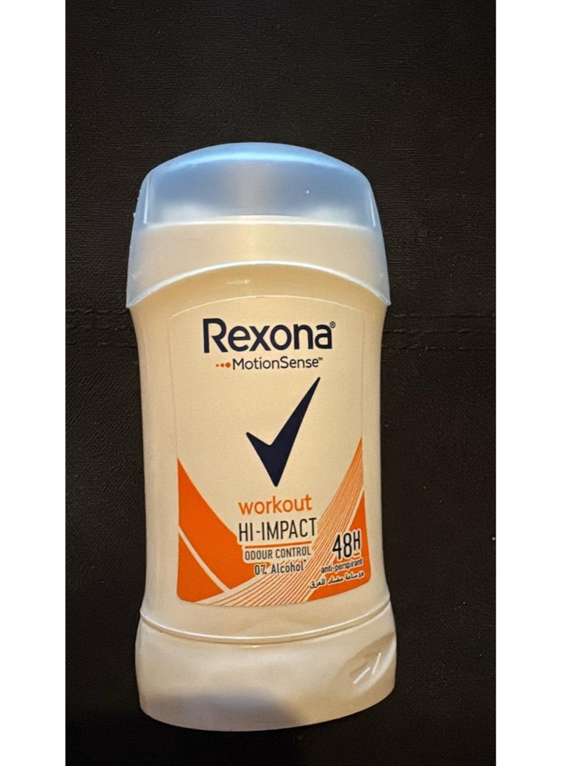 Rexona Workout High Impact Antiperspirant Stick for Women. Key features: Long-lasting protection: Provides up to 48 hours of protection against sweat and odor. MotionSense™ technology: Contains smart capsules that react to movement; the more you move, the more protection and freshness you get. For intense workouts: Specifically designed to combat sweat during exercise and high-impact physical activity. Alcohol-free: Dermatologically tested and alcohol-free, making it gentle on the skin. Instant drying: Dries instantly upon application. Quantity: 40g