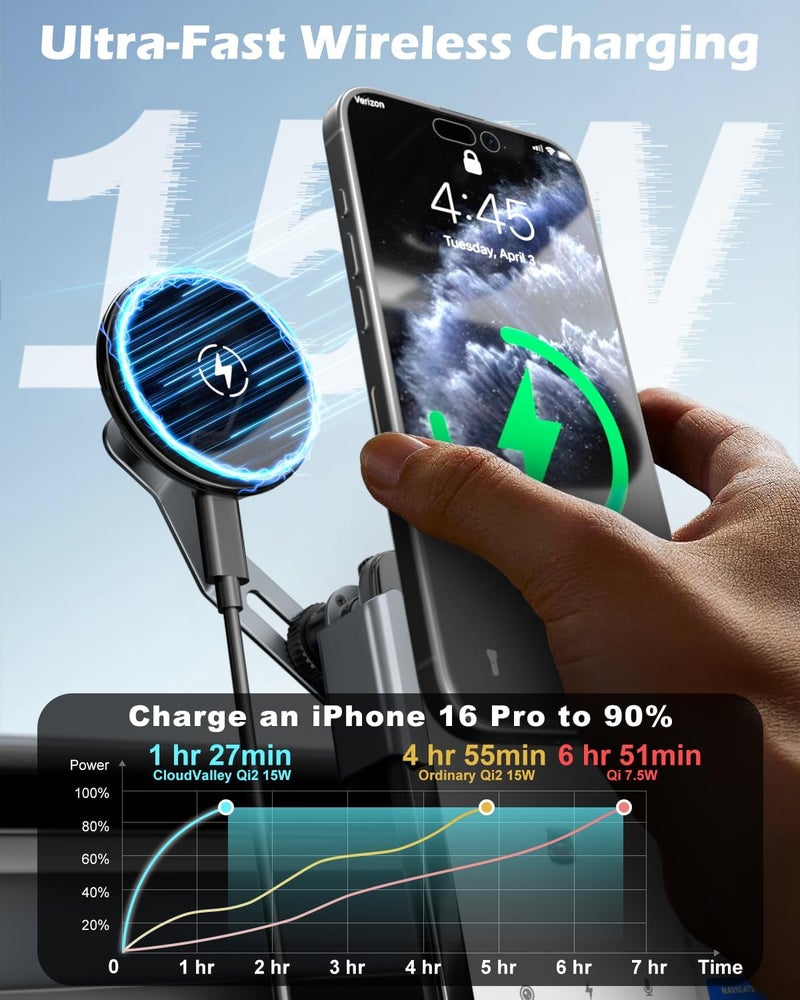 CloudValley 15W Wireless Charger Phone Mount for Tesla Model Y/3,ã€Extendable Metal Holderã€‘ Compatible with iPhone MagSafe, Magnetic Adjustable Car Holder for Tesla Model 3 Highland/Y Juniper - Image 2