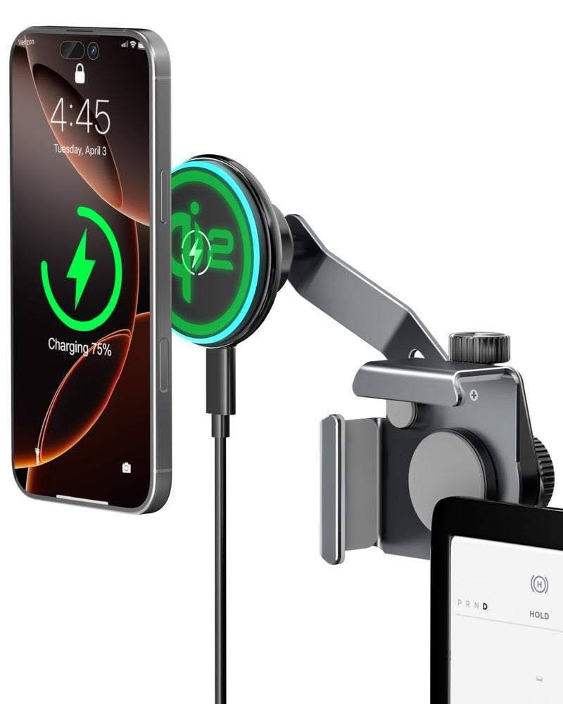 CloudValley 15W Wireless Charger Phone Mount for Tesla Model Y/3,ã€Extendable Metal Holderã€‘ Compatible with iPhone MagSafe, Magnetic Adjustable Car Holder for Tesla Model 3 Highland/Y Juniper - Image 1