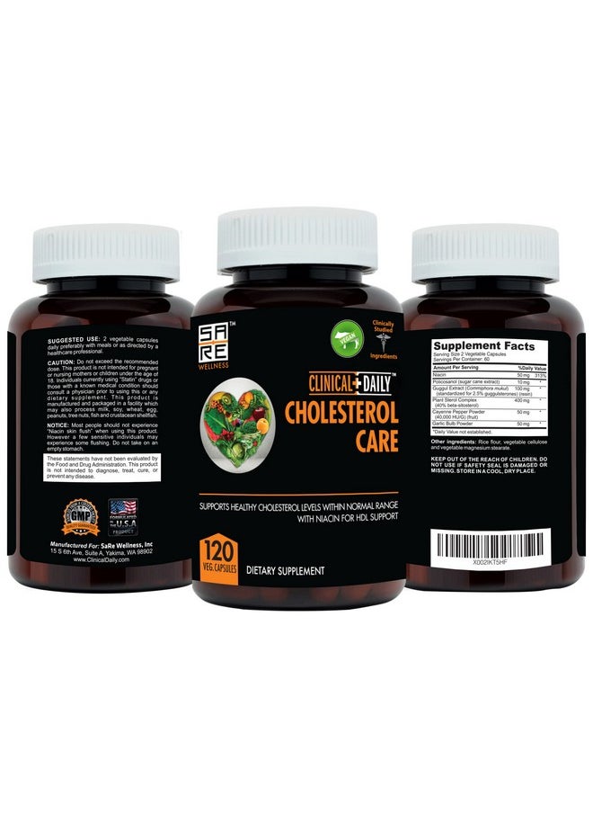Clinical Daily - Cholesterol Care Supplement. Vegan Cholesterol And Triglyceride Supplements. Plant Sterols Supplements Cholesterol Support With Guggul Garlic Niacin. 120 Capsules - Image 1