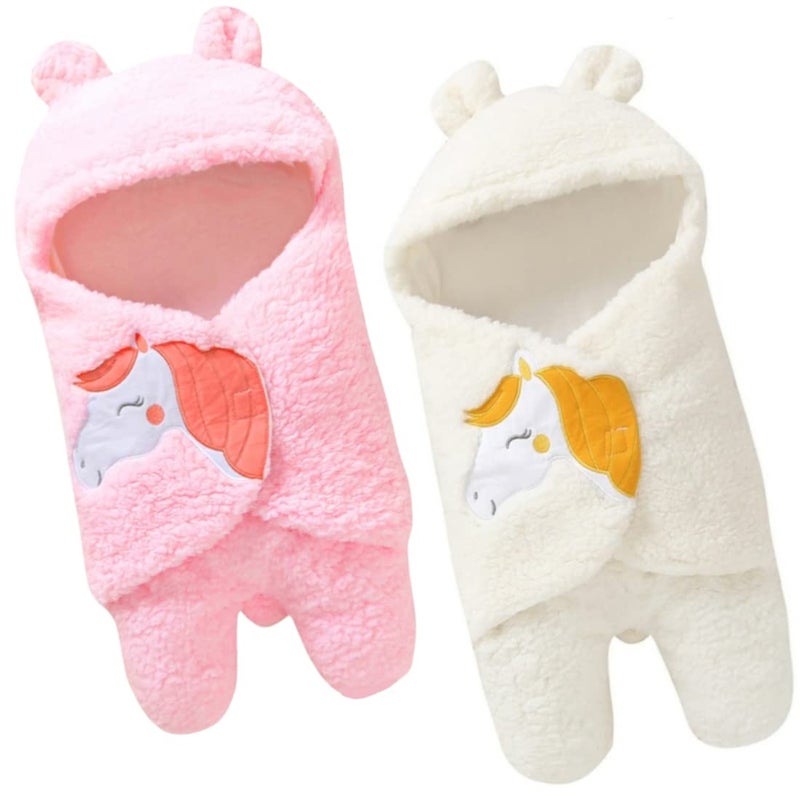 First Kick Baby Blankets Newborn Combo Pack of Super Soft Baby Wrapper Durable Fleece Polyester Cum Baby Sleeping Bag for Baby Boys, Baby Girls, Babies (76cm x 70cm, 0-6 Months) Pack of 2 White Pink - Image 1