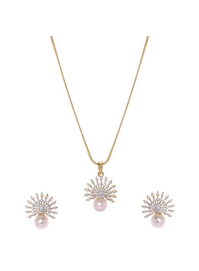 Rubans Women's 22K Gold-Plated Cubic Zirconia And Pearl Studded Necklace Set With Sunburst Motif Design - Image 2