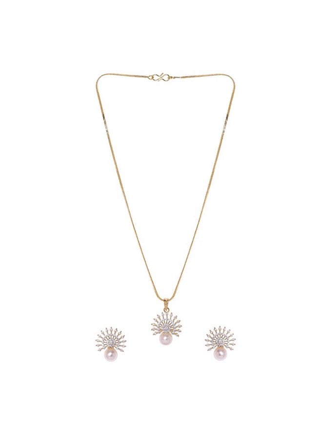 Rubans Women's 22K Gold-Plated Cubic Zirconia And Pearl Studded Necklace Set With Sunburst Motif Design - Image 1