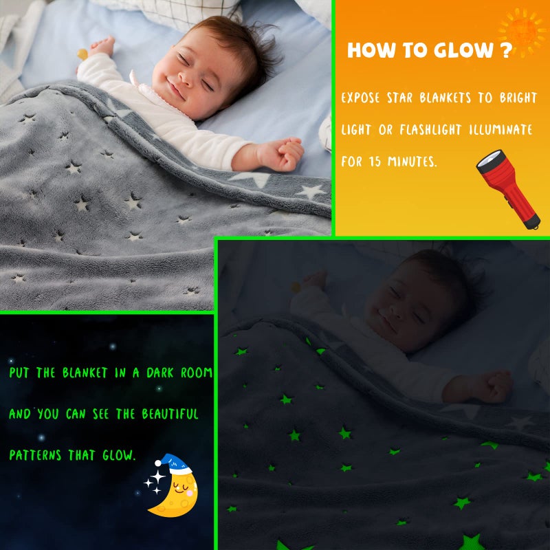 REXEO Glow in The Dark Star Space Blanket for Kids, Grey Cute Galaxy Throw for Boys Girls, Soft Flannel Toddler Blanket, Bedroom Room Decor, Birthday Gifts, 50" x 60" - Image 3