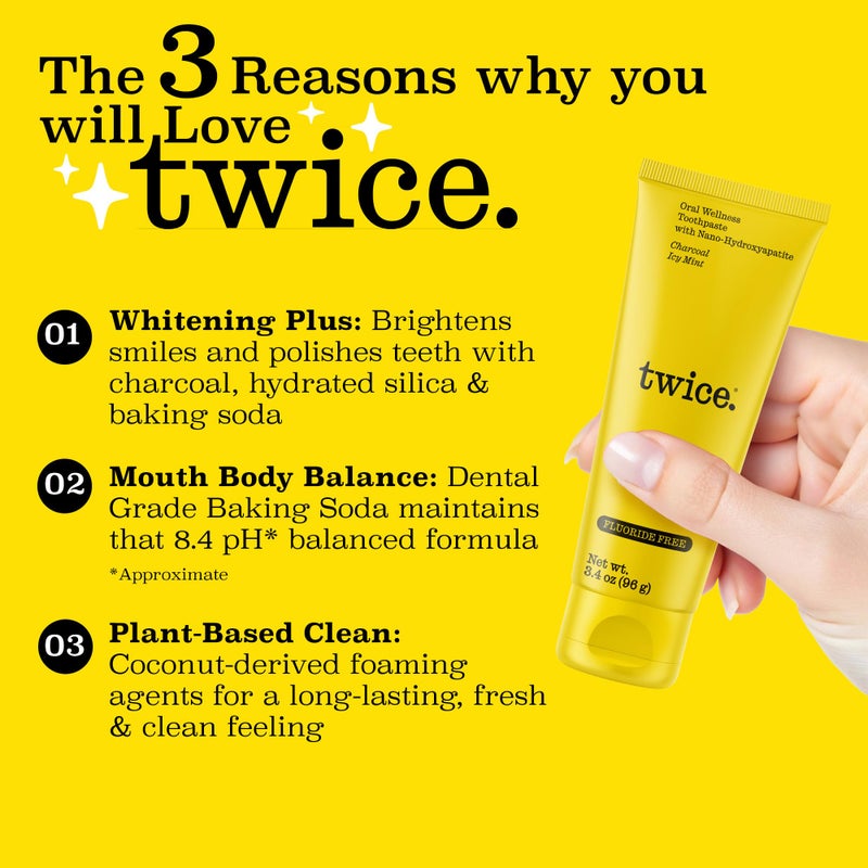 Twice Nano-Hydroxyapatite Toothpaste, Fluoride-Free - Helps Remineralize Teeth, Freshens Breath & Activated Charcoal for Teeth Whitening, ICY Mint - 3.4 oz, Pack of 3 - Image 3