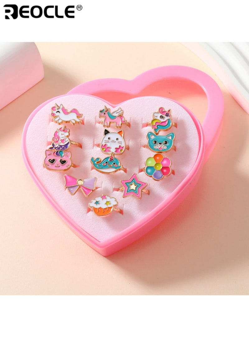 ريوكل 12 قطعة من مجموعة خواتم الأطفال متعددة المواضيع علبة على شكل قلب مع تعليقات مرحة إكسسوارات للارتداء اليومي العارض - Image 1