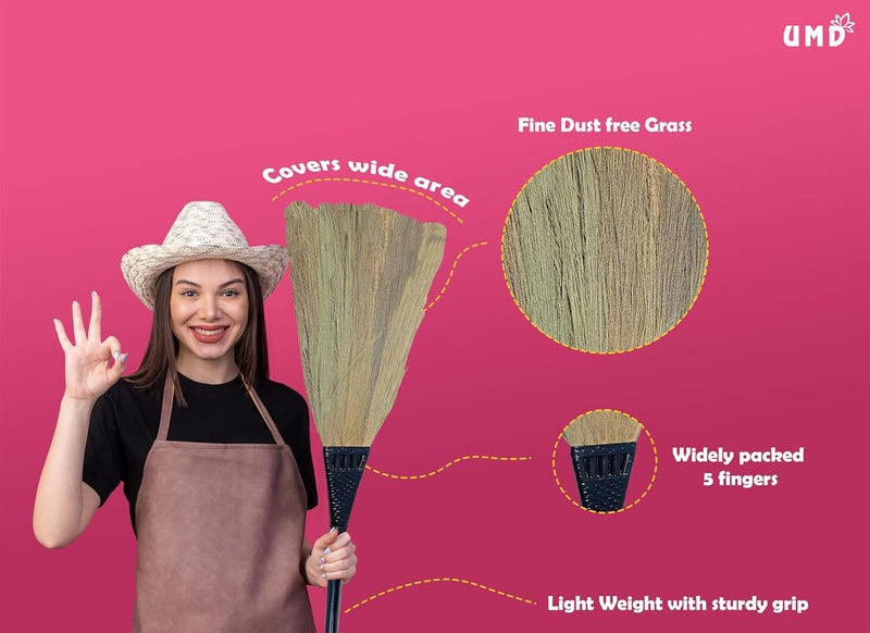 UMD dust Free Natural Grass Broom jaadu, Long Handle, Multi-Use Floor Cleaning for Home, Office, dusting, Sweeping Pack of 1 (4) - Image 3
