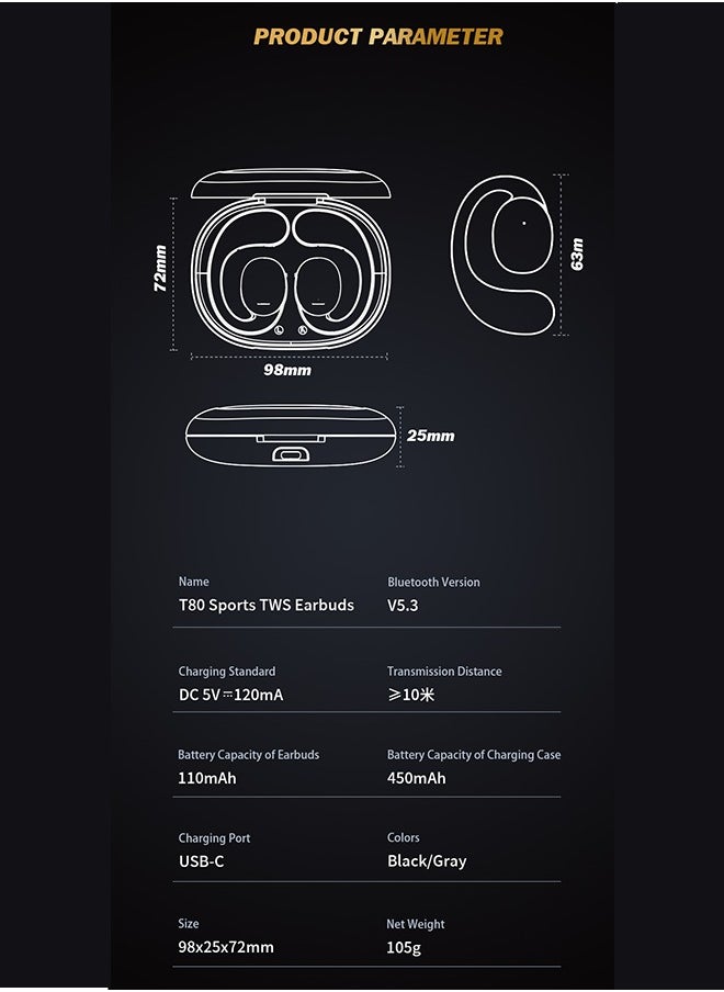 Awei - Bluetooth Headphones, Big Bass True Wireless Headphones with Bluetooth 5.4/18 Hour Playback Function/17 Hour Talk/1.5 Hour Quick Charge Time/10 Meter Transmission Distance/High Fidelity Sound, Sensorless Wear, Black - Image 1