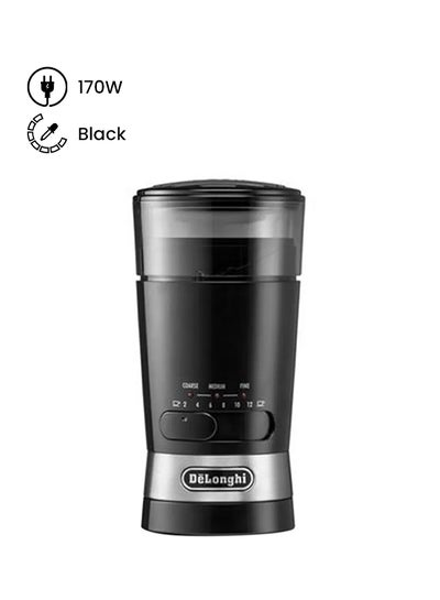 De'Longhi Coffee Grinder, Stainless Steel Blade & Electric Spice Mill, 12 Cups Capacity, 3 Grind Settings, 170 W KG210-BK Black