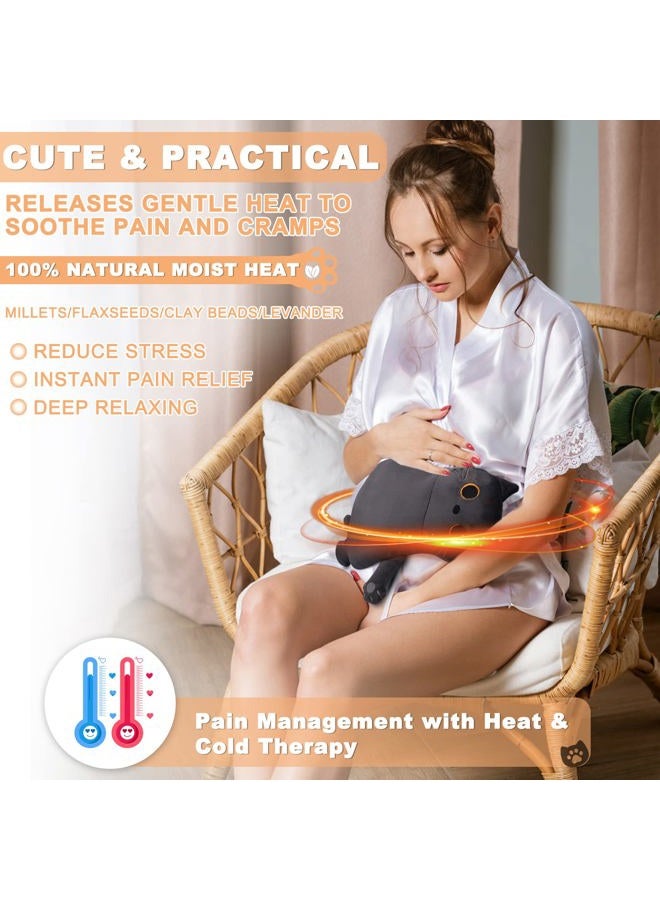 Rienkaco Microwave Heating Pad for Cramps Pain Relief, 16 * 12'' Moist Microwavable Period Menstrual Heating Pads for Cramps, Back, Neck Shoulder and Knee, Cute Stuffed Animal Heating Pad - Grey Cat - Image 2