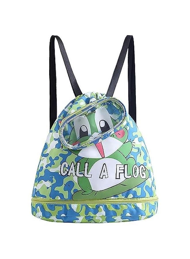 Green Frog Swim Bags for Swimmers Dry Wet Separated Drawstring Gym Swim Bag Waterproof Beach Backpack for Women Men Camping Hiking Shopping Swimming Dance Travel With Shoe Compartments - Image 1