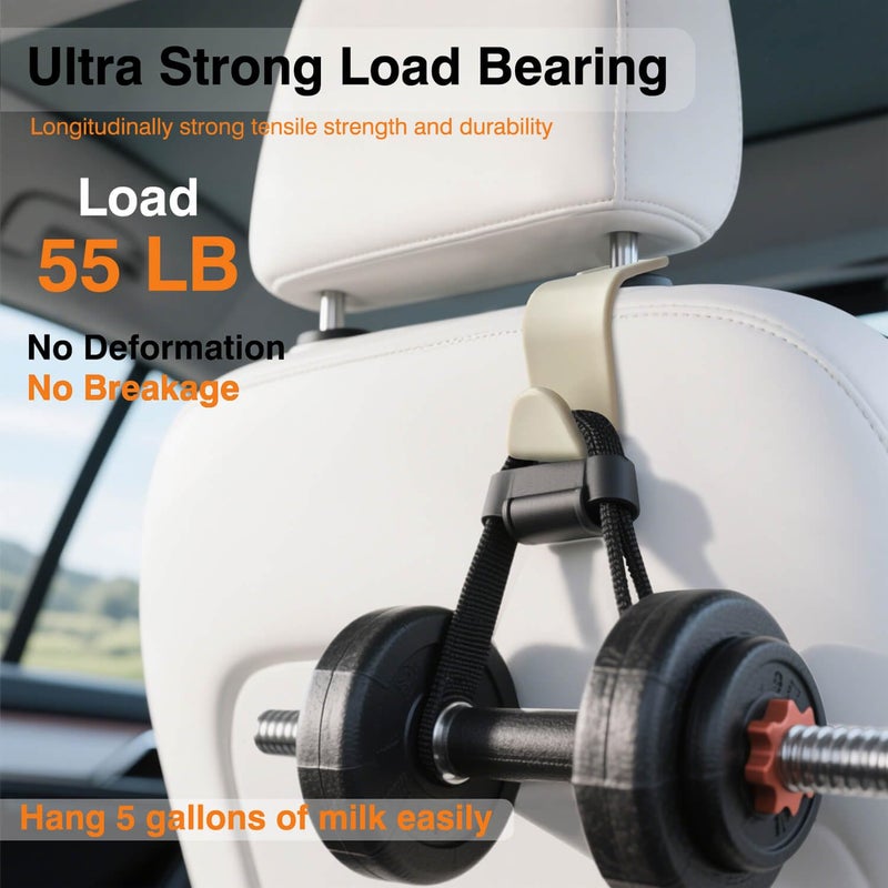 KULOLO Car Seat Hooks & Purse Holder - 4 Pack Boxed,55 lb Heavy Duty,Eco PP Car Hooks for Purse/Bag/Baby Gear/Gym Bag/Groceries/Cup/,Fits 0.32-0.55â€Car Headrest Rods (Beige) - Image 5